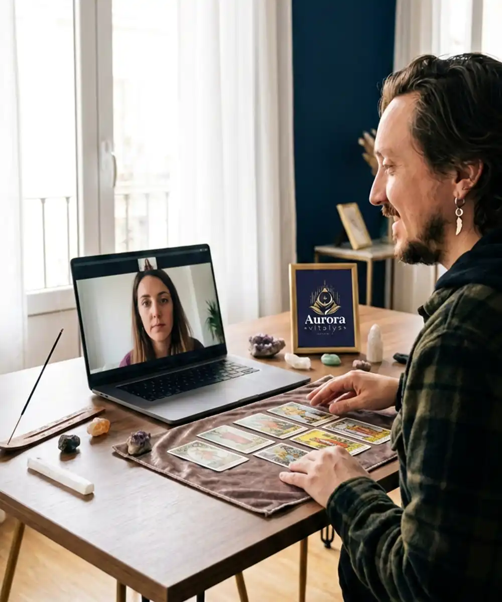 Terapeuta de Aurora Vitalys realizando una consulta de tarot online por videollamada con una mujer. Sobre la mesa hay cartas de tarot, cristales y elementos espirituales en un ambiente tranquilo y acogedor, dedicado al autoconocimiento y la orientación personal.