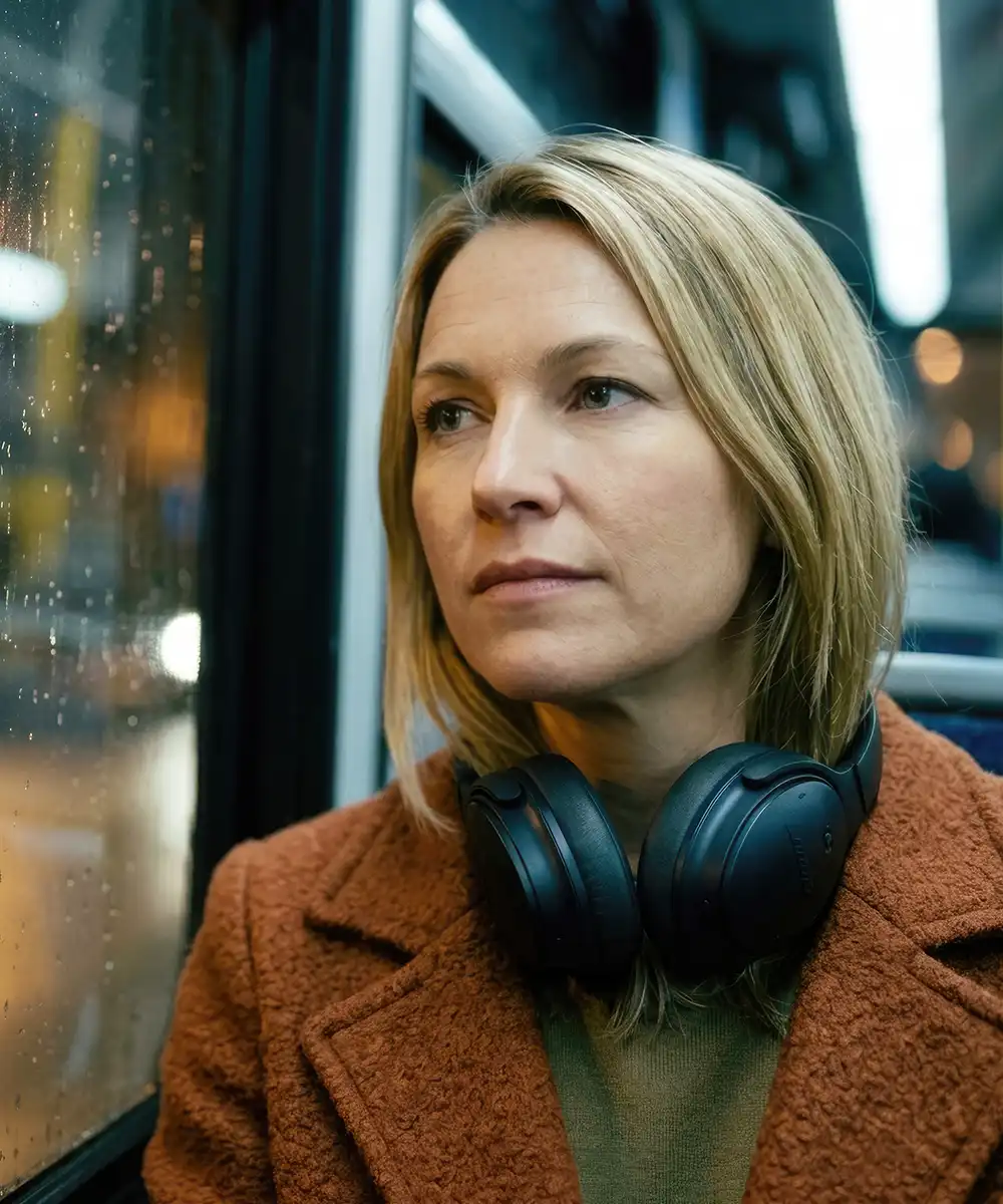 Mujer con auriculares alrededor del cuello mirando pensativa por la ventana de un tren en un día lluvioso. Imagen que representa la introspección, la reflexión personal, el bienestar emocional y la búsqueda de equilibrio interior.