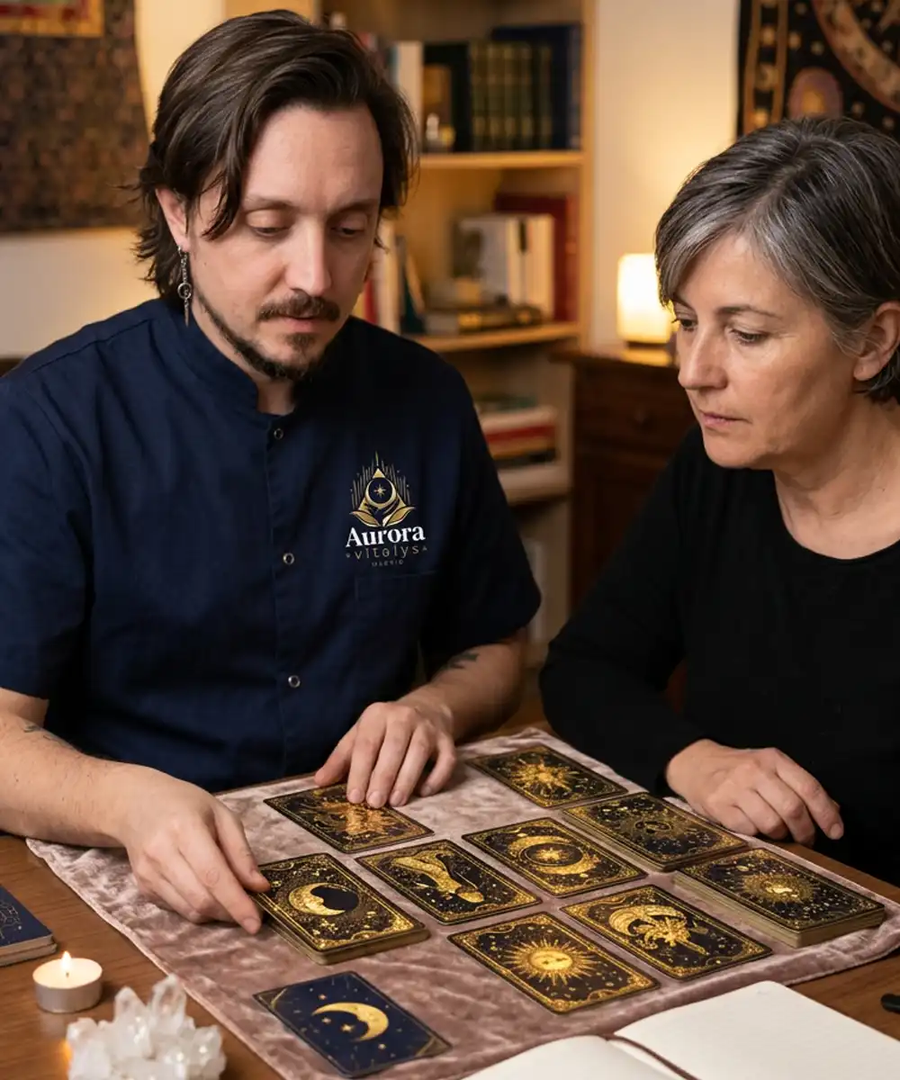 Terapeuta de Aurora Vitalys realizando una lectura de tarot presencial en Madrid con una consultante. Ambos observan las cartas dispuestas sobre la mesa durante una sesión de orientación personal, reflexión y autoconocimiento.